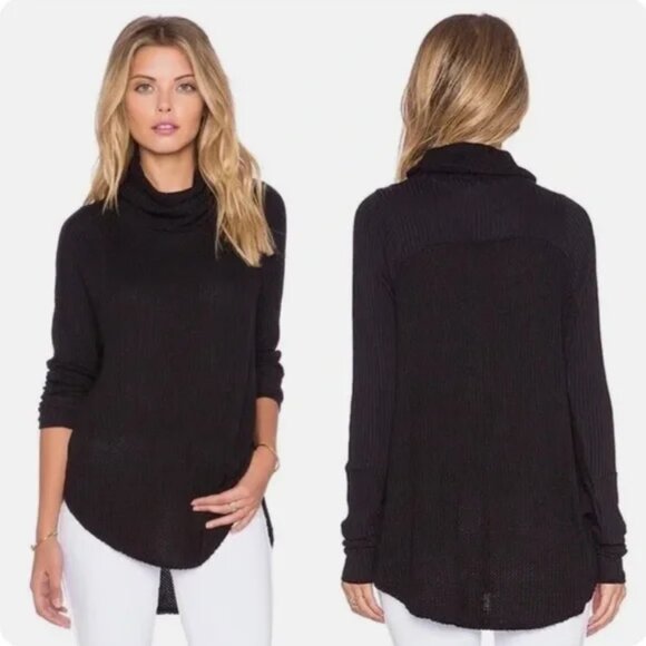 FP WE THE FREE Sz S Kristina Drippy Thermal Top‎ Cowl Neck Black Waffle Knit - Picture 1 of 12